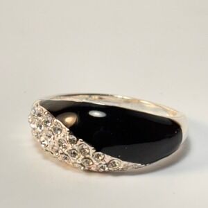 Ring Black Silver Tone Enamel Rhinestone Pave Dome Band Avon Size 10
